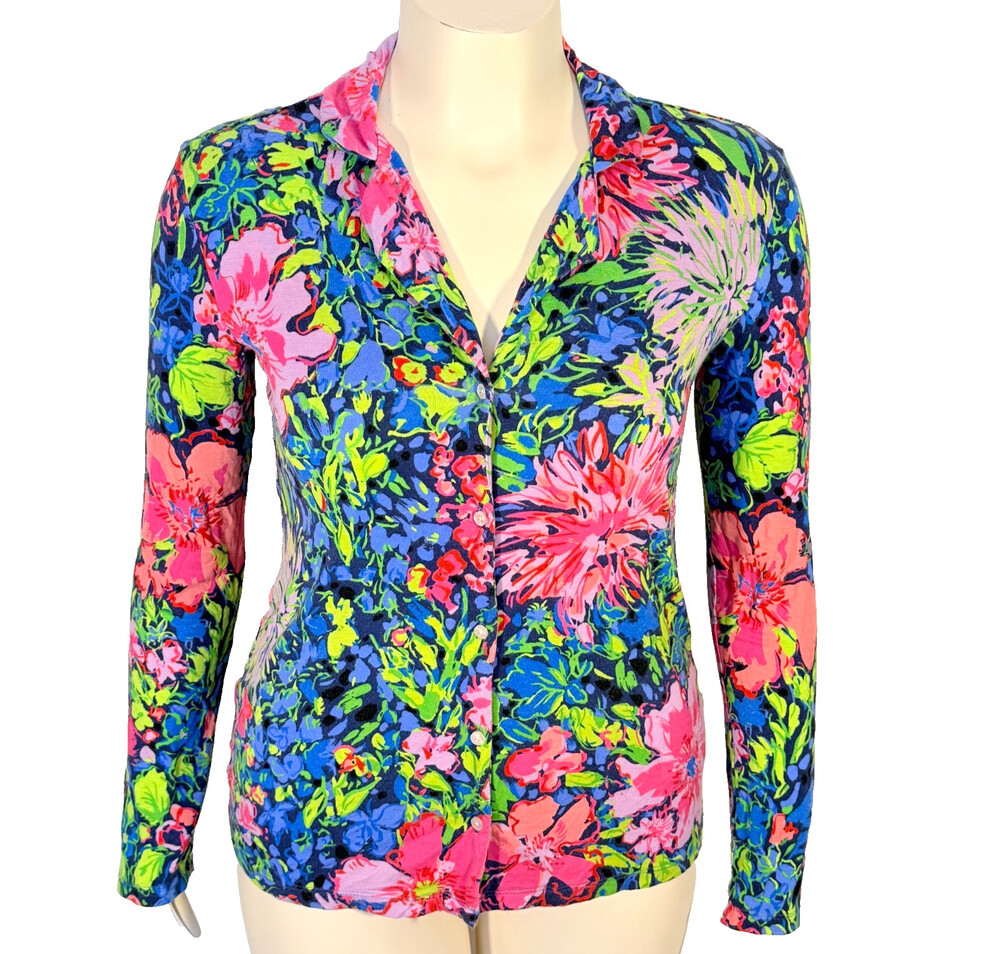 Lilly Pulitzer Knit Button Up Blouse Women's S Blue Pink Floral Long Sleeve